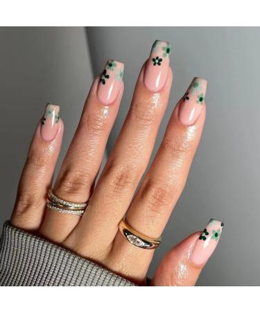 Justotry 24 pieces Coffin floral nails to stick out medium length Green French Artificial nails nude ballerina artificial nail press on nails pretty fingernails fake nails long for women flower & green