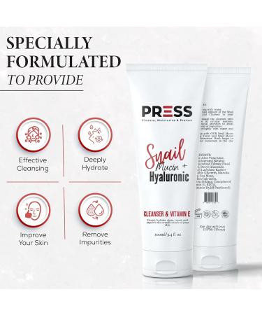 PRESS Snail Mucin Facial Cleanser with Hyaluronic Acid & Vitamin E | Refreshing 6 oz Skincare Solution for All Skin Types - Buy Online on GoSupps.com