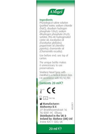 A.Vogel Sinuforce Nasal Spray + Menthol | Fast Relief for Blocked Nose & Congestion | Eucalyptus, Peppermint & Chamomile | Long-Term Use | 20ml - Buy Online on GoSupps.com