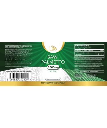 L1fe Nutrition Saw Palmetto Extract & Zinc - 3000mg Saw Palmetto + 15mg Zinc | 120 Vegan Capsules | Gluten-Free Allergen-Free | Made in Great Britain - Buy Online on GoSupps.com
