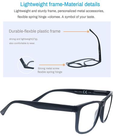 OLOMEE Reading Glasses 2.00 Men's Oversized Large Square Readers Black Frame 4 Pack - Lightweight Eyeglasses for Reading with Flexible Spring Hinge - Buy Online on GoSupps.com