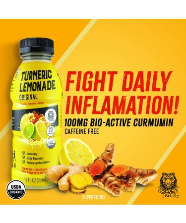 Organic Golden Tiger Turmeric Lemonade | Inflammation Relief & Immunity Support | Bio-Active Curcumin + Ginger | 12 Bottles - Plant Based Power - Buy Online on GoSupps.com