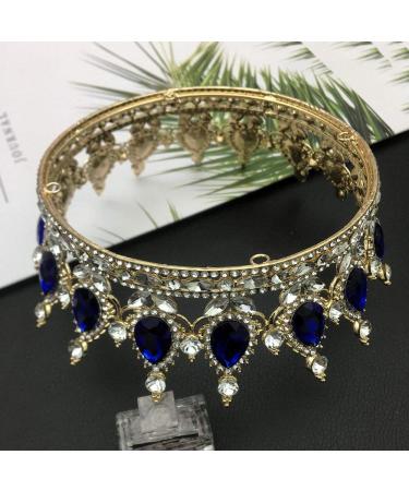 QIDIAN Fashion Bride Full Crown Princess Tiara Handmade Headband Jewelry - Gold+Blue - Buy Online on GoSupps.com