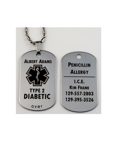 Custom Engraved Polished Stainless Steel Medical Alert ID Tag Pendant Necklace - Free Personalization