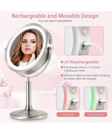 VESAUR 8 Rechargeable Lighted Makeup Mirror with 10X Magnifying Vanity, 3 Colors, 50 Dimmable LED Lights - Touch Control, Senior Pearl Nickel - 360 Rotation - Silver - Buy Online on GoSupps.com