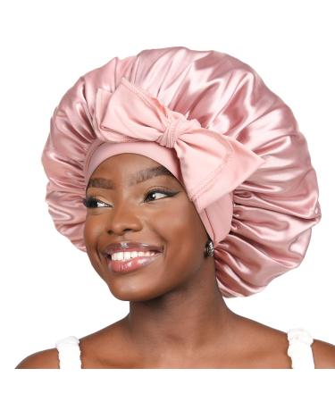 YANIBEST Satin Bonnet Silk Bonnet for Sleeping Double Layer Satin Lined Hair Bonnet with Tie Band Bonnets for Black Women Large Blush Pink