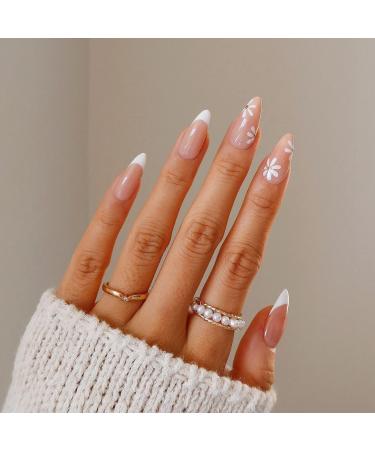 KXAMELIE White Fake Nails With Nail Glue Almond Shape Press on Nails Medium Nude White Daisy Flowers Glue on Nails Cute False Nails for Women Girls,24 PCS J color