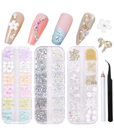 3D Flowers Nail Art Charms Rhinestones Kit - Includes 12Grid 400Pcs Acrylic Flower 1500Pcs AB Nail Rhinestones 200Pcs Acrylic Butterfly Bow Flower Bear Nail Art Charms for Nail Art Craft Decoration