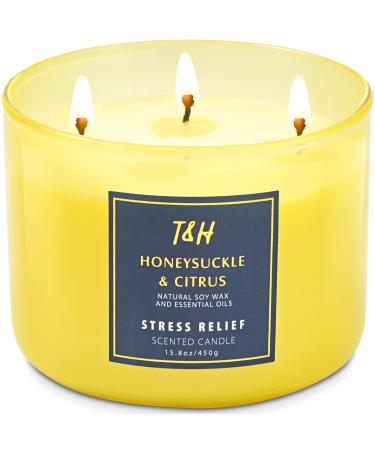 Large 3-Wick Aromatherapy Scented Candles for Home - Honeysuckle Citrus Stress Relief Candle with Grapefruit & Mint - Natural Soy Candles Clean Burning - Relaxing Candle for Women & Men