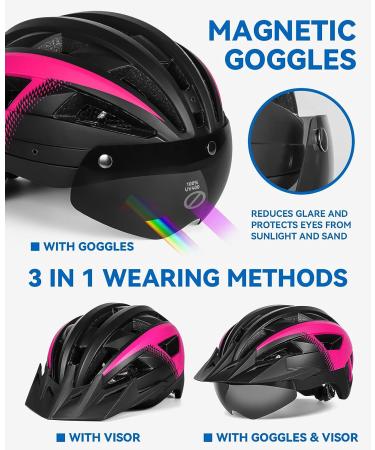 FUNWICT Adult Bike Helmet with Visor, Goggles & Rechargeable Rear Light Black Pink, L 57-61 cm - Buy Online on GoSupps.com