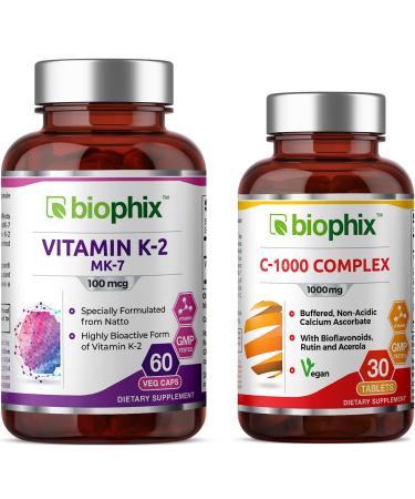 biophix Vitamin K2 MK-7-100 mcg 60 - Free Vitamin C-1000 30 Tablets - Supports Strong Bones Immune Health