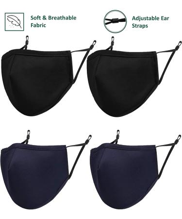 ecotru UK 4 Pack Reusable Cotton Face Masks 2 Navy Blue 2 Black Mask with Nose Wire for Glass Wearers 3-Ply Washable & Breathable Fabric with Filter Pocket & Adjustable Loops - Buy Online on GoSupps.com