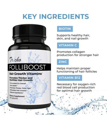Folliboost Tricho Hair Growth Vitamins with Biotin, Vitamin C, Zinc, Vitamin B12 - Promotes Thick, Full Hair Growth - Natural-Based Hair Care Formula - Made in USA (30-Day Supply) - Buy Online on GoSupps.com