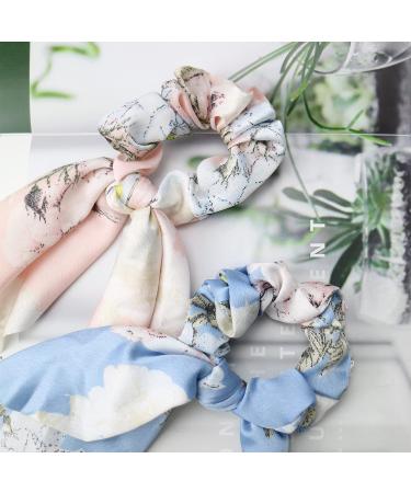 Satin Floral Hair Scrunchies Set - 5 Pcs Bowknot Elastic Hairbands for Women & Girls | Hair Scarf Ponytail Holder Accessories - Pattern 2 - Buy Online on GoSupps.com