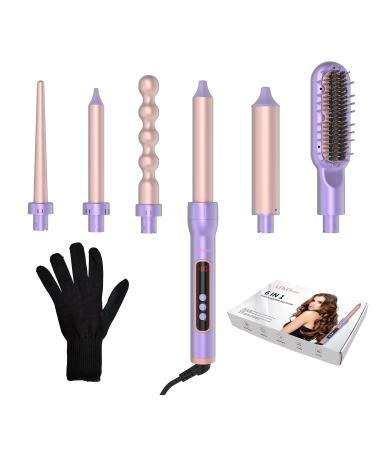 6 in 1 Interchangeable Ceramic Curling Iron Curling Wand Set with Hair Straightener Brush Instant Heat-Up Auto Shut Off with LCD & Temperature Adjustment Include Glove Dual Voltage
