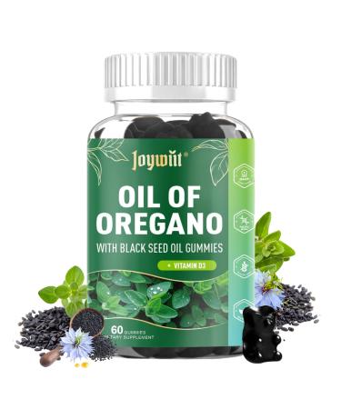 Oregano Oil Gummies 300mg | Oil of Oregano with 200mg Black Seed Oil + D3 1000IU | Organic Oregano Chewable Supplements | Carvacrol + Thymoquinone | Vegan, Non GMO | Immune & Gut Support | 60 Cts