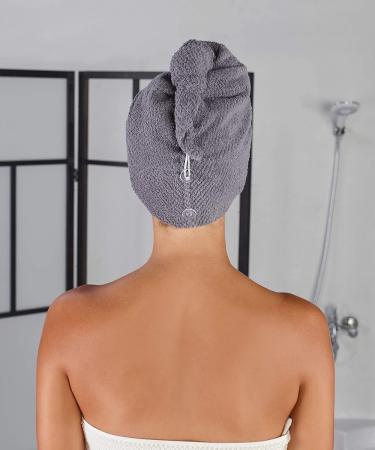 Pamuq 100% Cotton Hair Turban Set - Quick-Drying Gray Hair Towels with Buttons - 2 Pieces for Effortless Drying & Styling - Buy Online on GoSupps.com
