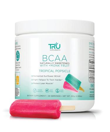 TRU BCAA, Plant Based Branched Chain Amino Acids, Vegan Friendly, Zero Calories, No artificials sweeteners or Dyes, 30 Servings, Tropical Popsicle 30 Servings (Pack of 1) Tropical Popsicle