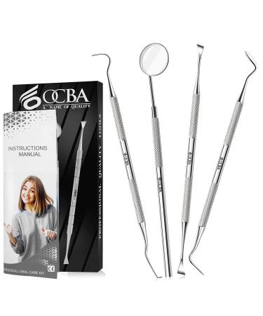 OCBA 4 Pcs Dental Pick Tools Plaque Tartar Remover Stainless Steel Dental Teeth Whitening Cleaning Oral Care Kit Professional Hygiene Tool Set with Tooth Scraper