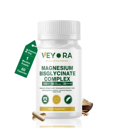VEYORA Magnesium Bisglycinate Complex Capsules | 120 mg Magnesium per Serving | with KSM-66 Ashwagandha, GABA, L-Theanine & Melatonin | 60 Veg Capsules | Made for USA