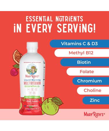 MaryRuth Organics Liquid Morning Multivitamin Essentials+ | Vitamin A C D E B6 B12 Biotin Zinc Mens Womens Multivitamin Immune Support Beauty | Sugar Free | Vitamins for Ages 1+ | Vegan | 32 Fl Oz Fruit - Buy Online on GoSupps.com