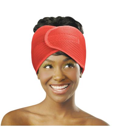 DONNA Deluxe Foam Mesh Wrap | Olive & Vitamin E Treated Headband for Curly Hair Care Face Wash & Makeup | 1PC RED COLOR