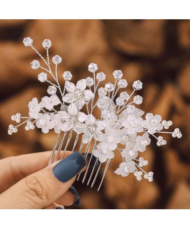IYOU Bridal Wedding Crystal Hair Comb Pearl Flower Headpiece Communion Prom Princess Hair Accessories for Girls and Women (Silver)