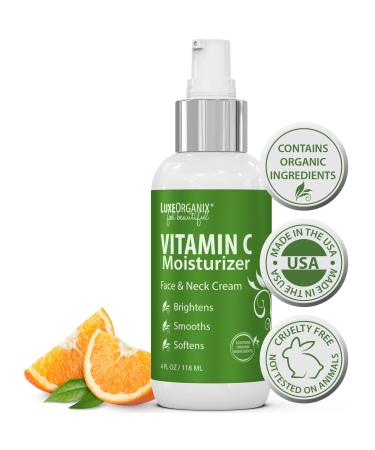 Organic Vitamin C Moisturizer for Face: Brightening Anti Aging Face Moisturizer for Women & Men - Smoothing Anti Wrinkle Face Cream and Neck Cream - Daily Moisturizer Face Cream by LuxeOrganix (4 oz) 4 Ounce Pump
