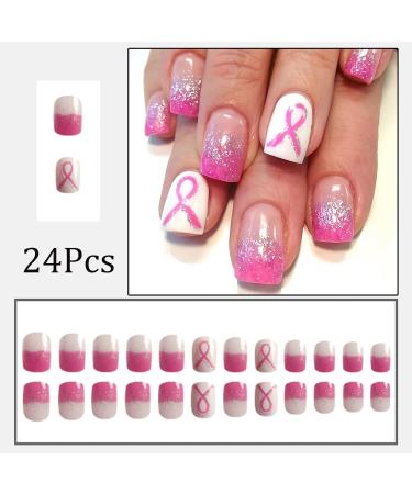 24Pcs Sparkly Breast Cancer Awareness Press-On Nails - Short Square Fake Nails with Pink Glitter & Ribbon Design for Women & Girls - Buy Online on GoSupps.com