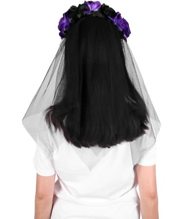 Rose Headband Ladies Girl Gothic Flower Garland with Black Veil Halloween Christmas Fancy Dress Costume Accessory for Wedding Bride Bridesmaid Birthday Party Photography Props Black+Purple - Buy Online on GoSupps.com