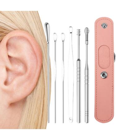 Stainless Steel Ear Wax Removal Kit - 6pcs Earwax Cleaner with Storage Bag | Professional Tool for Ear Cleaning - Great Gift for Family & Friends | Adults and Kids - Pink - Buy Online on GoSupps.com