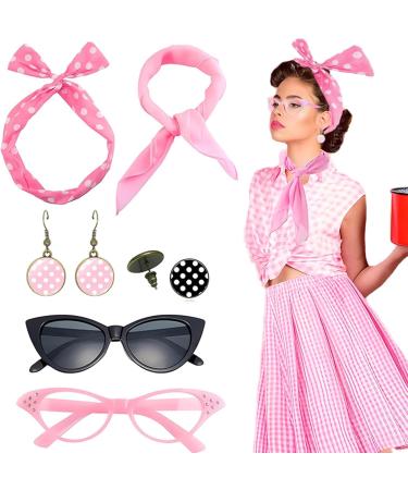 Dtaigou 50s Accessories for Women Headband Drop Earrings Set for 1950s Outfits Cat Eye Glasses with Vintage Polka Dot Hair Bands and Headband for Women Pink One Size - Buy Online on GoSupps.com