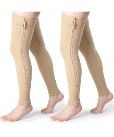 Eurzom 2 Pair Zipper Compression Socks Thigh High 20-30 mmHg Footless Zipper Compression Stockings Thigh High for Women Men Swelling Skin Color X-Large