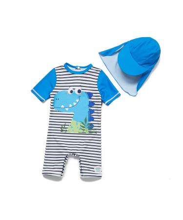 BONVERANO Baby Boys Swimsuit Toddler Bathing Suit Short-Sleeve Zipper One Piece Swimwear with UPF 50+ Sun Protection 9-12 Months Dinosaur Stripe