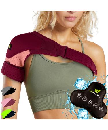 Sport shoulder bandage for men & women with cooling pads gel cold heat therapy - support of the rotator cuff - neoprene adjustable shoulder bandage left & right arm (S/M Bordeaux) S/M Bordeaux