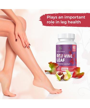 SUSTAINANCE Red Vine Leaf & Horse Chestnut Extract Capsules - 60 Vegetarian Capsules for Leg Vein, Heart, and Skin Support - Buy Online on GoSupps.com