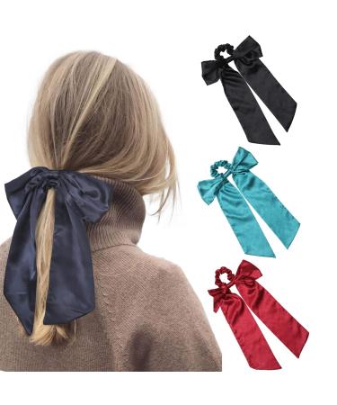 Hair Scrunchies with Bow Elastic Hair Ribbons Satin Hair Ties Bowknot Ponytail Holder Hair Scarf with Solid Color For Women Girls (Hole blue+Black+Wine)
