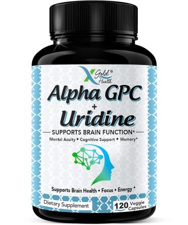 Alpha GPC Choline 600mg + Uridine Monophosphate 300mg-2-in-1 Nootropic Supplement Helps Boost Focus, Energy & Cognitive Performance -Potent Mood Enhancer & Brain Focus Supplements -120 Veggie Capsules 120 Count (Pack of 1)