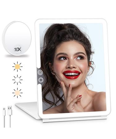 Rechargeable Travel Mirror Makeup Mirror, Portable Lighted Makeup Mirror with 10X Magnifying Mirror 3 Colors Light Modes, Touch Screen Dimming Folding Light Up Mirror for Travel, Cosmetic, Office White With 10x Magnifying Mirror