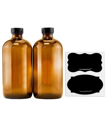 16-Ounce Amber Glass Bottles with Reusable Chalk Labels and Lids (2 Pack), Refillable Brown Boston Round Bottles, with Black 28-400 Caps