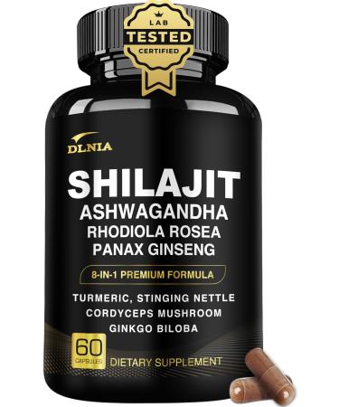 DLNIA 8-in-1 Shilajit for Men & Women with Ashwaganda Himalayan Organic Supplement with Rhodiola Rosea, Ginseng, Turmeric, Mushroom, for Immune Support, Energy, Calm, Focus, Clarity, Sleep, Cortisol