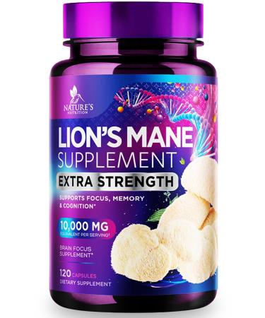 Lions Mane Mushroom Capsules 10 000mg - Lion s Mane Supplement Capsules for Memory and Focus Support Brain Immune Health Support Vegan Bottled in USA Lions Mane Mushroom Powder Extract 120 Count 120 Count (Pack of 1)