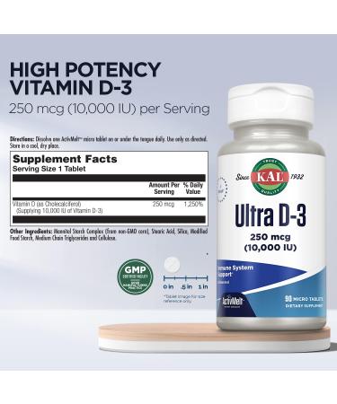 KAL Ultra Vitamin D3 250 mcg (10000 IU) High Potency Vitamin D Calcium Absorption Bone Health and Immune Support Supplement Instant Dissolve Unflavored ActivMelt 90 Servings 90 Micro Tablets - Buy Online on GoSupps.com