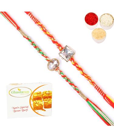 Ghasitaram Gifts Rakhi for Brother Rakhis Online - Set of 2 6300 6371 Fancy Rakhis with 400 GMS of Besan Barfi