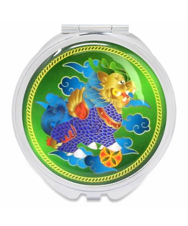 Feng Shui 3 Cells Abundance Pill Boxes Portable Mirror with Chi Lin Strong Body Blessing Ring and Earring Storage Box Amulet (Green(Chi Lin))