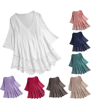 Angxiwan Plus Size Pink V Neck Button Blouse | 3/4 Sleeve Lace Hem Tunic Top XXL - Buy Online on GoSupps.com