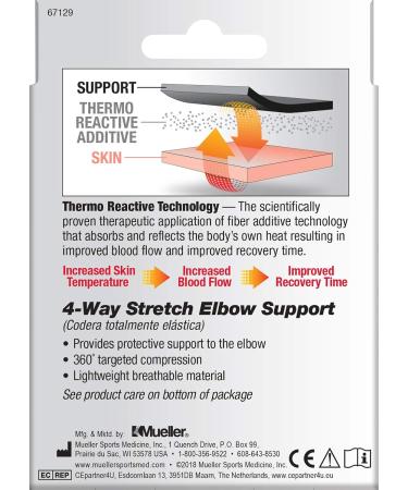 MUELLER 4-Way Stretch Elbow Support - Black & Blue Premium Knit with Thermo Reactive Technology | Medium/Large - International Shipping Available - Buy Online on GoSupps.com