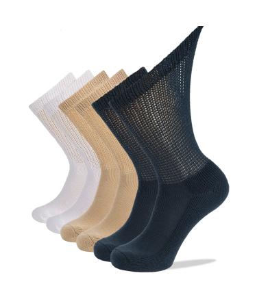 MD FootThera 6 Pairs Men Non-Binding Thermal Diabetic Loose Fit Socks Warm Winter Crew Socks Cushion Sole Moisture Wicking 10-13 2white/2brown/2navy
