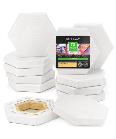 Arteza Paint Canvases for Painting 12 Pack 2 inches Hexagonal Blank Canvas Bulk 100% Cotton Stretched Canvas 8 oz Gesso-Primed Pine Wood Frame Art Supplies for Adults for Acrylic Pouring