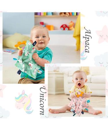 2Pcs Baby Appease Towel Blankets Unicorn Alpaca Soothing Plush Blanket with Colorful Taggies Teether - Pink+Green - Buy Online on GoSupps.com